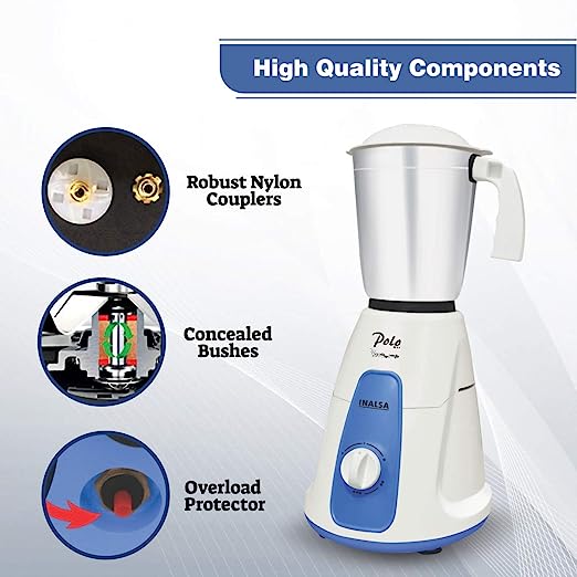 INALSA Mixer Grinder Polo 550 W | 2 Stainless Steel Jars| 3 Speeds with Pulse Function| Overload Protection| Heavy Duty Blades(white/Blue) INALSA Mixer Grinder Polo 550 W | 2 Stainless Steel Jars| 3 Speeds with Pulse Function| Overload Protection| Heavy Duty Blades(white/Blue)